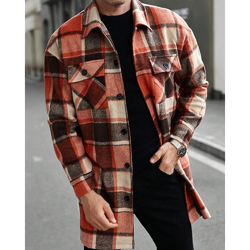 Plaid Overshirt Men's Long Sleeve Button-Up Shacket with Chest Pockets – Casual, Autumn Layering