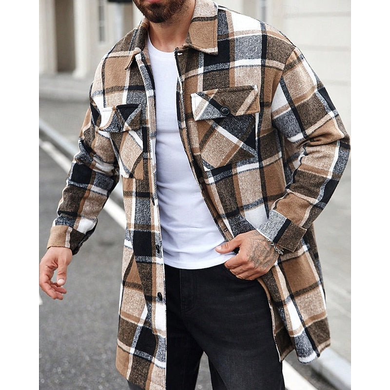 Plaid Overshirt Men's Long Sleeve Button-Up Shacket with Chest Pockets – Casual, Autumn Layering