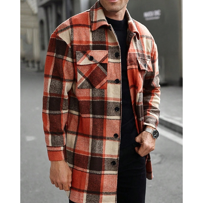 Plaid Overshirt Men's Long Sleeve Button-Up Shacket with Chest Pockets – Casual, Autumn Layering