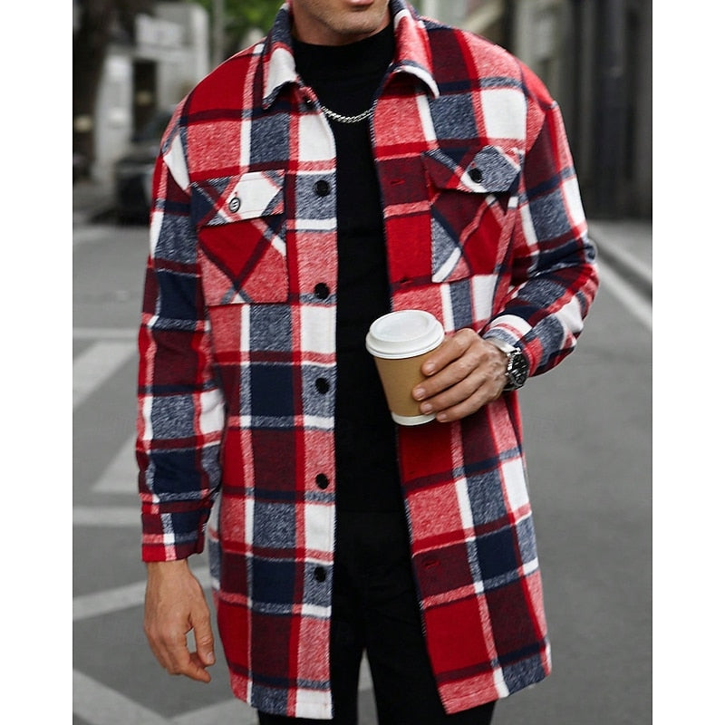 Plaid Overshirt Men's Long Sleeve Button-Up Shacket with Chest Pockets – Casual, Autumn Layering