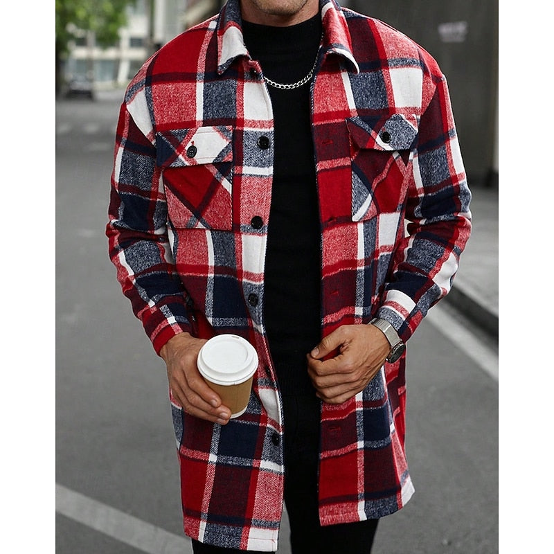 Plaid Overshirt Men's Long Sleeve Button-Up Shacket with Chest Pockets – Casual, Autumn Layering