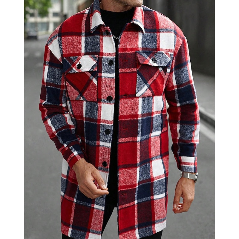 Plaid Overshirt Men's Long Sleeve Button-Up Shacket with Chest Pockets – Casual, Autumn Layering