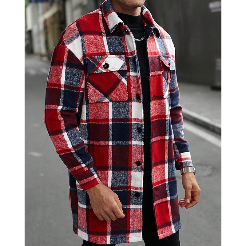 Plaid Overshirt Men's Long Sleeve Button-Up Shacket with Chest Pockets – Casual, Autumn Layering