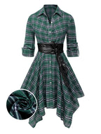 Plaid Shirt Dress Women's Belted Handkerchief Hem Red Tartan – Casual, Vintage Retro Day Wear