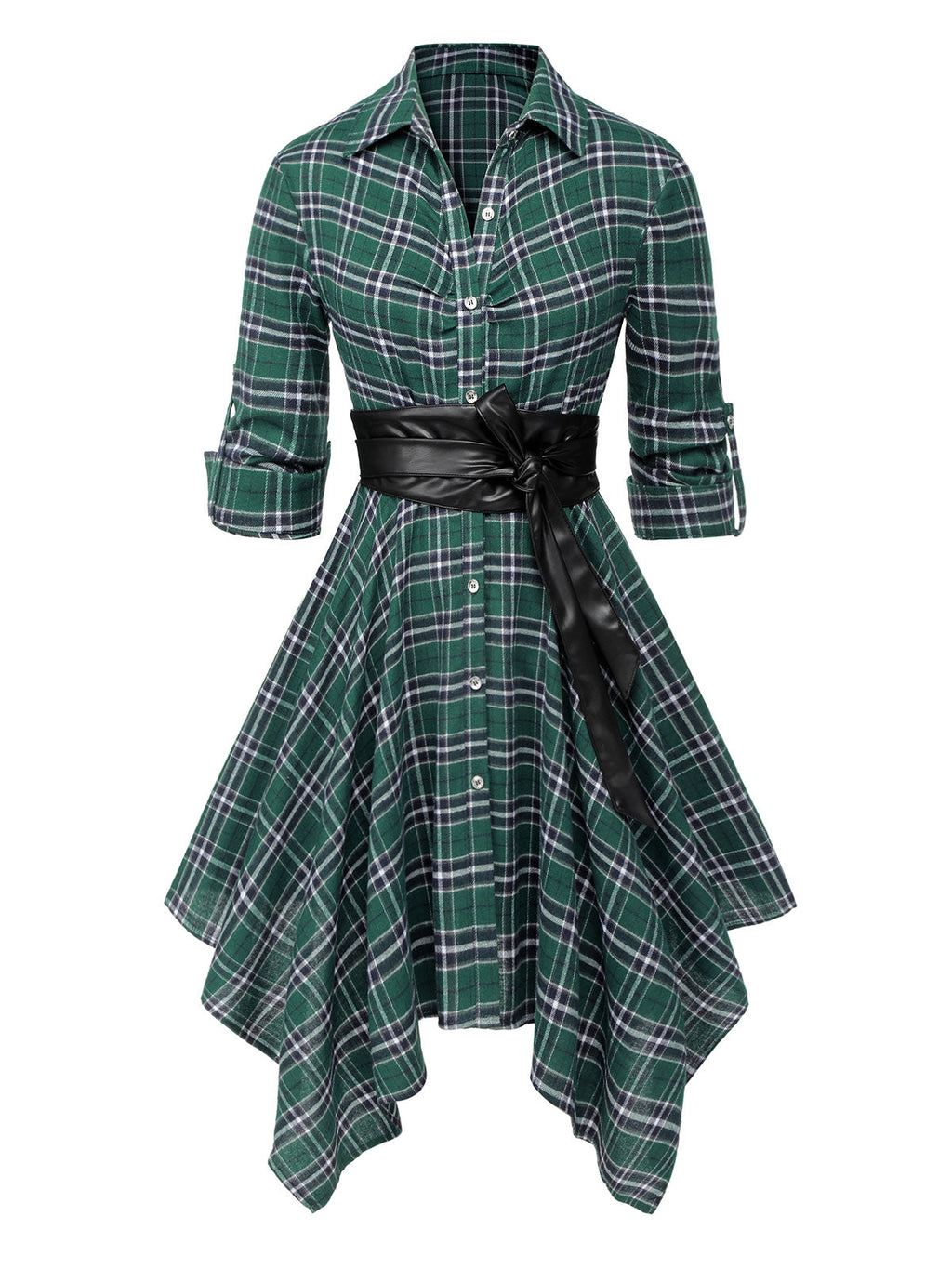 Plaid Shirt Dress Women's Belted Handkerchief Hem Red Tartan – Casual, Vintage Retro Day Wear