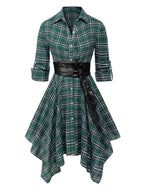 Plaid Shirt Dress Women's Belted Handkerchief Hem Red Tartan – Casual, Vintage Retro Day Wear