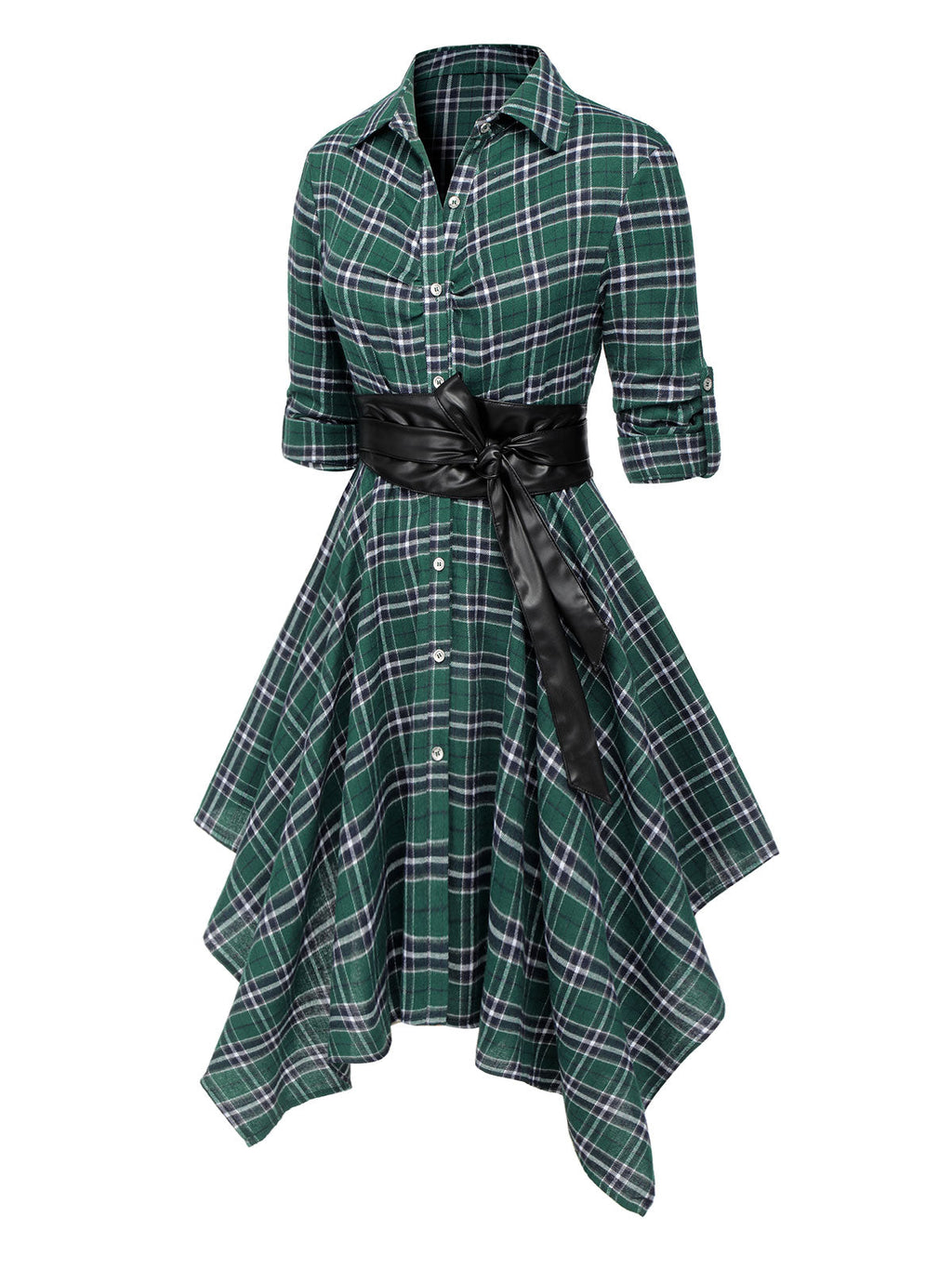 Plaid Shirt Dress Women's Belted Handkerchief Hem Red Tartan – Casual, Vintage Retro Day Wear