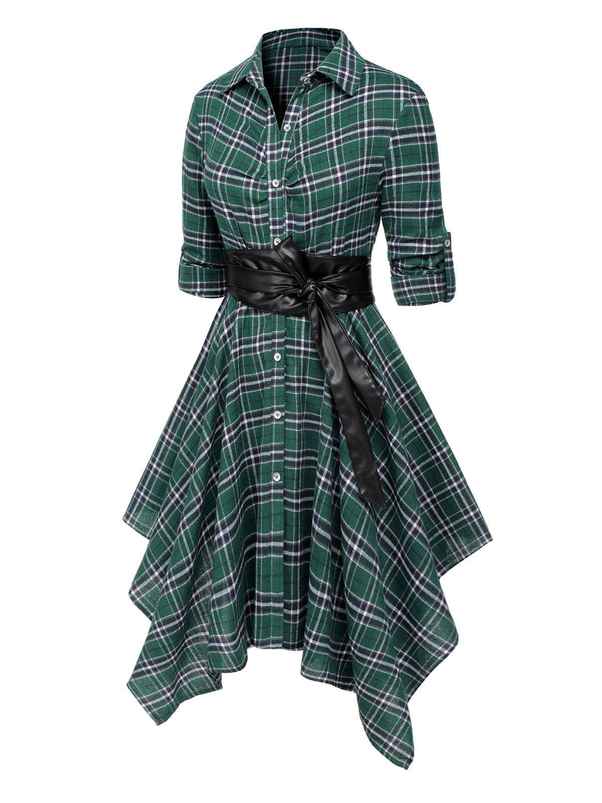 Plaid Shirt Dress Women's Belted Handkerchief Hem Red Tartan – Casual, Vintage Retro Day Wear