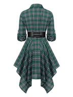 Plaid Shirt Dress Women's Belted Handkerchief Hem Red Tartan – Casual, Vintage Retro Day Wear