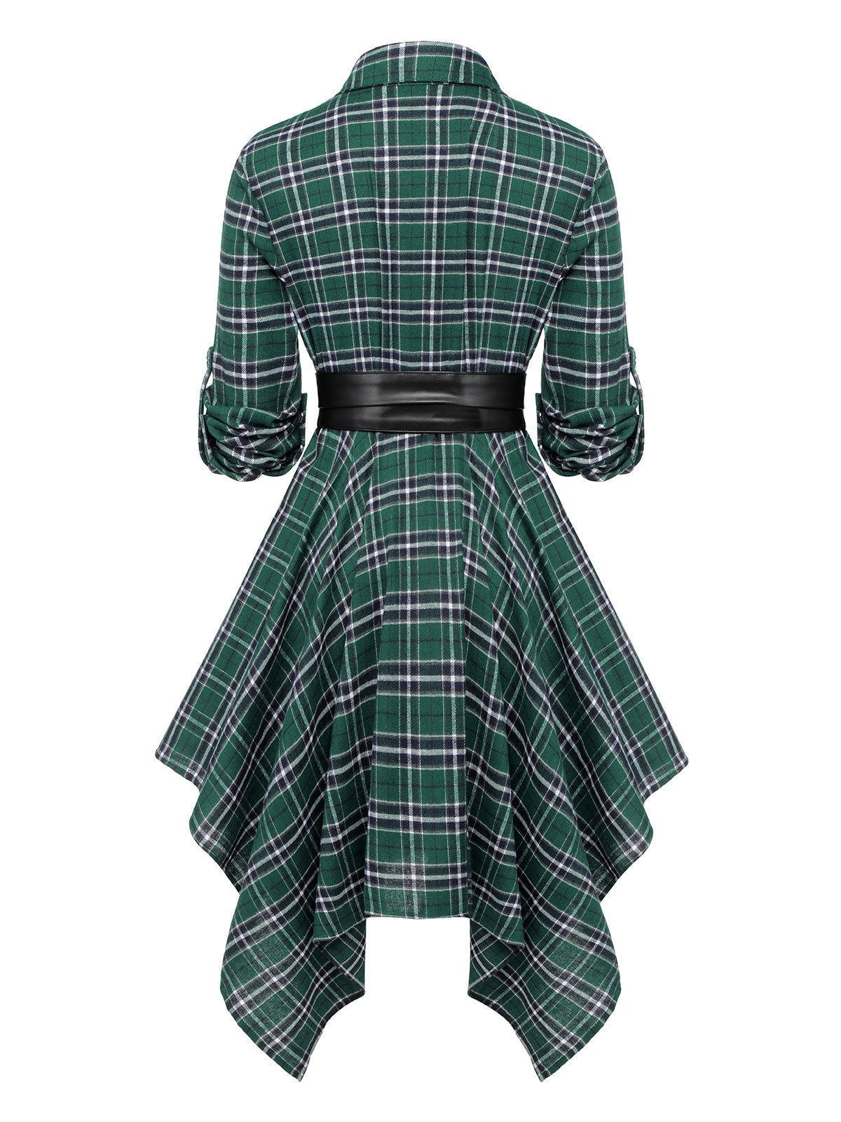 Plaid Shirt Dress Women's Belted Handkerchief Hem Red Tartan – Casual, Vintage Retro Day Wear