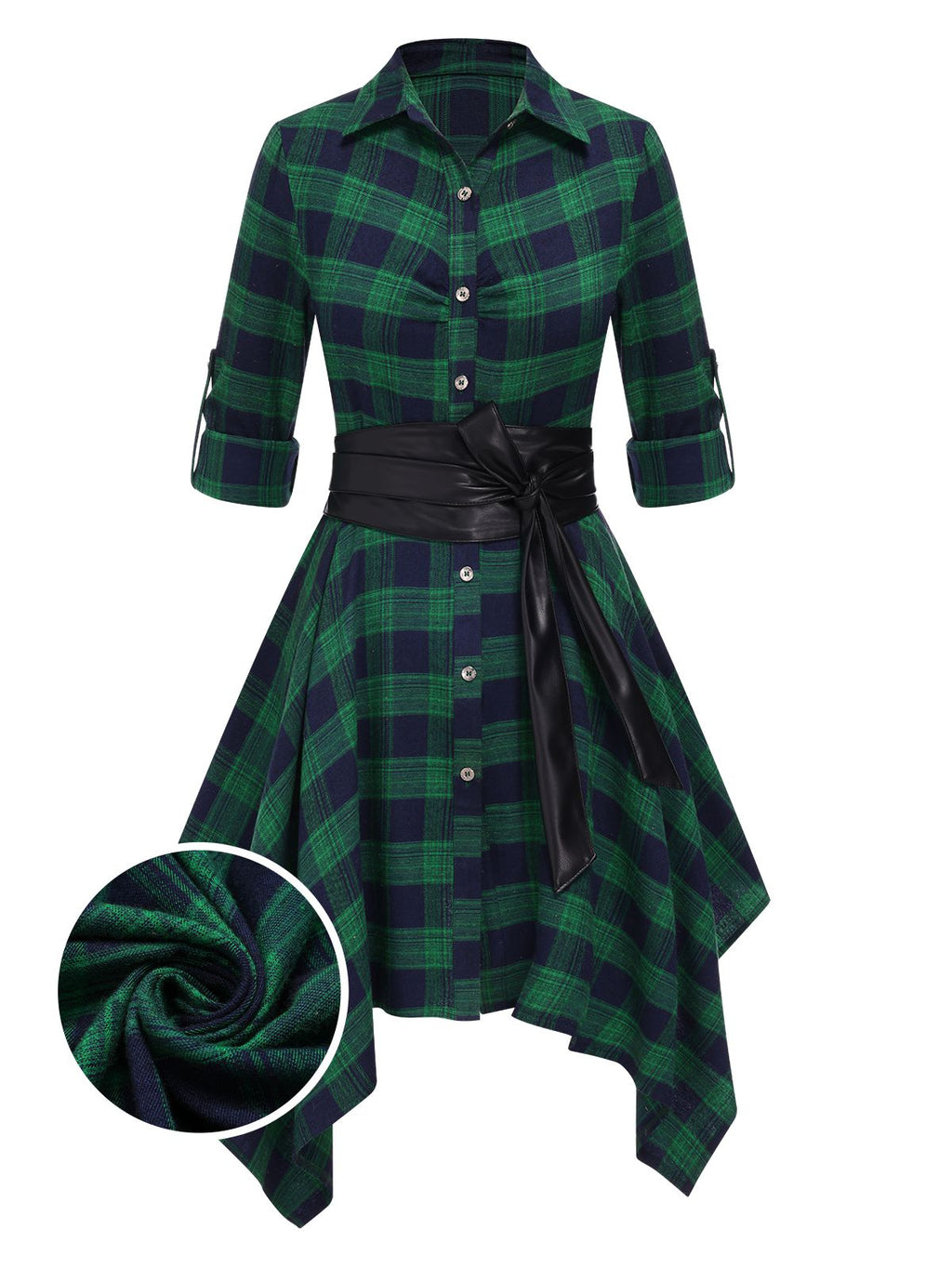 Plaid Shirt Dress Women's Belted Handkerchief Hem Red Tartan – Casual, Vintage Retro Day Wear