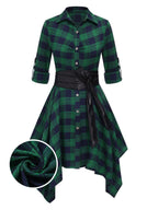 Plaid Shirt Dress Women's Belted Handkerchief Hem Red Tartan – Casual, Vintage Retro Day Wear