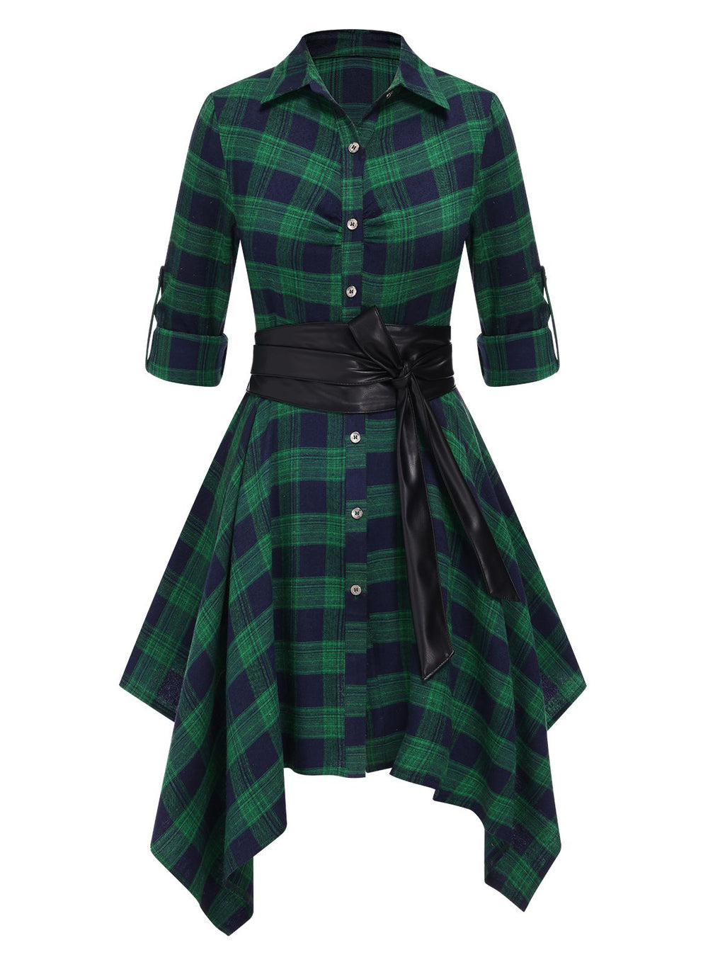 Plaid Shirt Dress Women's Belted Handkerchief Hem Red Tartan – Casual, Vintage Retro Day Wear