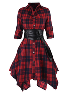 Plaid Shirt Dress Women's Belted Handkerchief Hem Red Tartan – Casual, Vintage Retro Day Wear