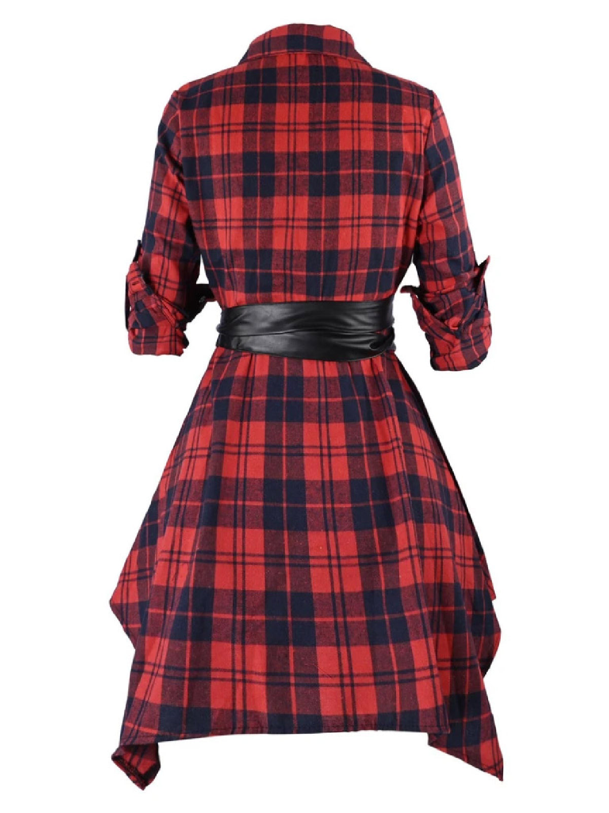 Plaid Shirt Dress Women's Belted Handkerchief Hem Red Tartan – Casual, Vintage Retro Day Wear