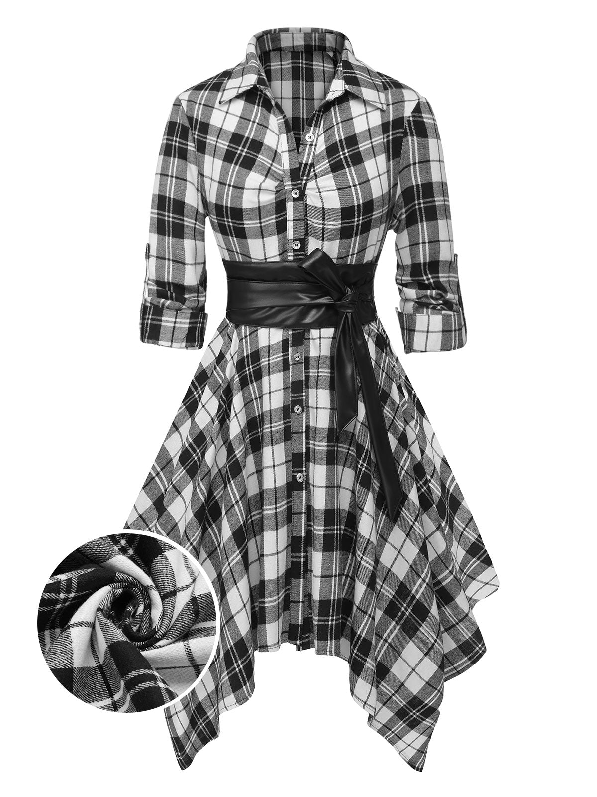 Plaid Shirt Dress Women's Belted Handkerchief Hem Red Tartan – Casual, Vintage Retro Day Wear