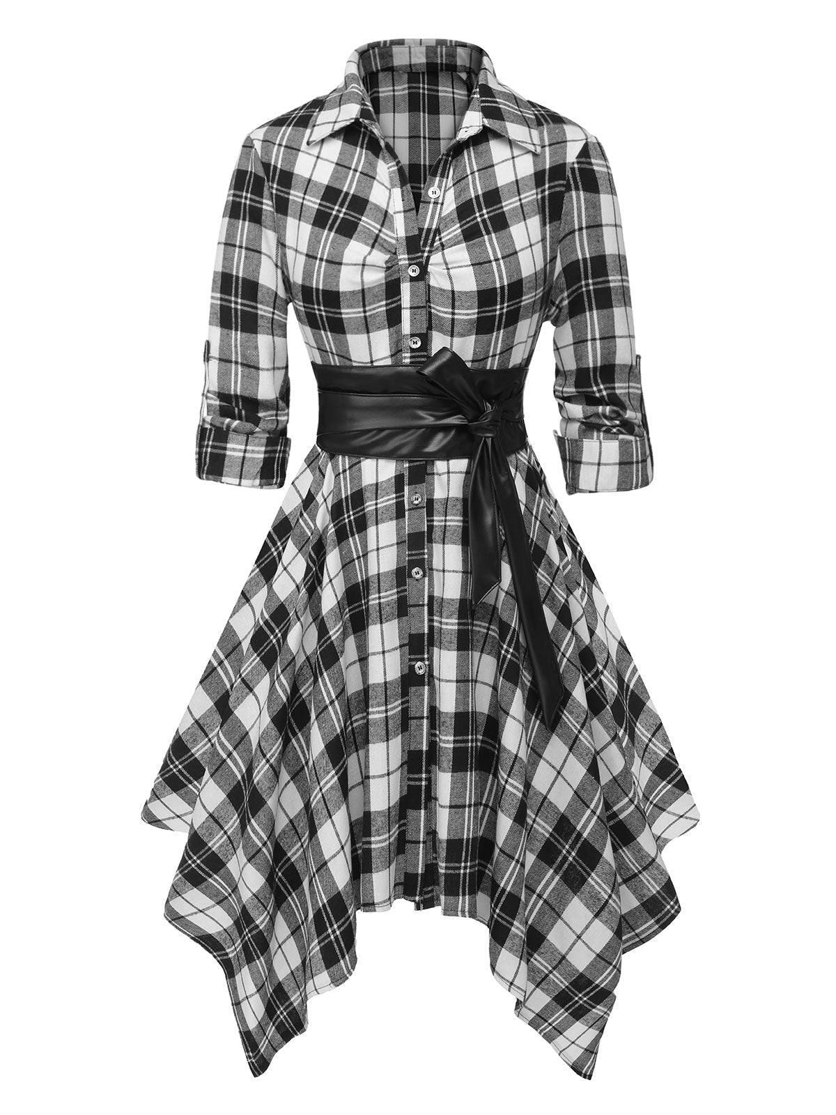 Plaid Shirt Dress Women's Belted Handkerchief Hem Red Tartan – Casual, Vintage Retro Day Wear