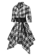 Plaid Shirt Dress Women's Belted Handkerchief Hem Red Tartan – Casual, Vintage Retro Day Wear