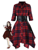 Plaid Shirt Dress Women's Belted Handkerchief Hem Red Tartan – Casual, Vintage Retro Day Wear