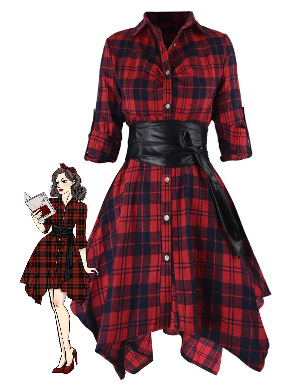 Plaid Shirt Dress Women's Belted Handkerchief Hem Red Tartan – Casual, Vintage Retro Day Wear