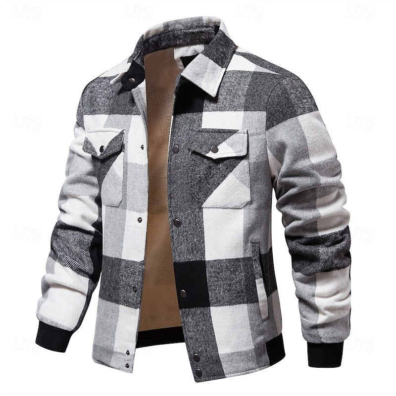 Plaid Shirt Jacket Men's Wool Blend Fleece-Lined Button-Up Shacket – Casual, Autumn Winter Layering