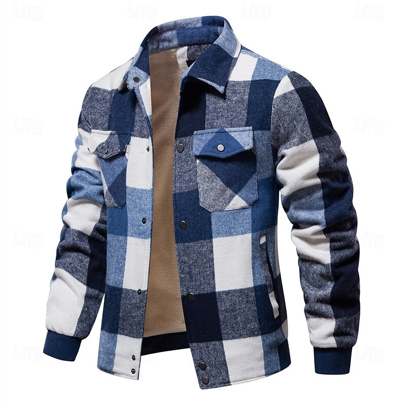 Plaid Shirt Jacket Men's Wool Blend Fleece-Lined Button-Up Shacket – Casual, Autumn Winter Layering