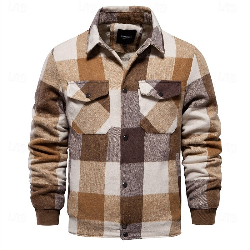 Plaid Shirt Jacket Men's Wool Blend Fleece-Lined Button-Up Shacket – Casual, Autumn Winter Layering