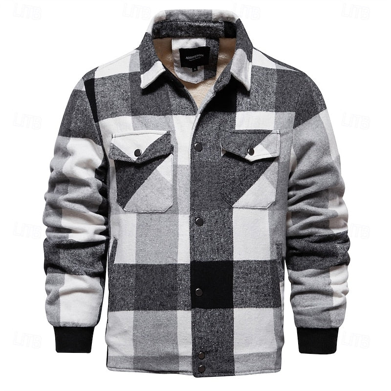 Plaid Shirt Jacket Men's Wool Blend Fleece-Lined Button-Up Shacket – Casual, Autumn Winter Layering