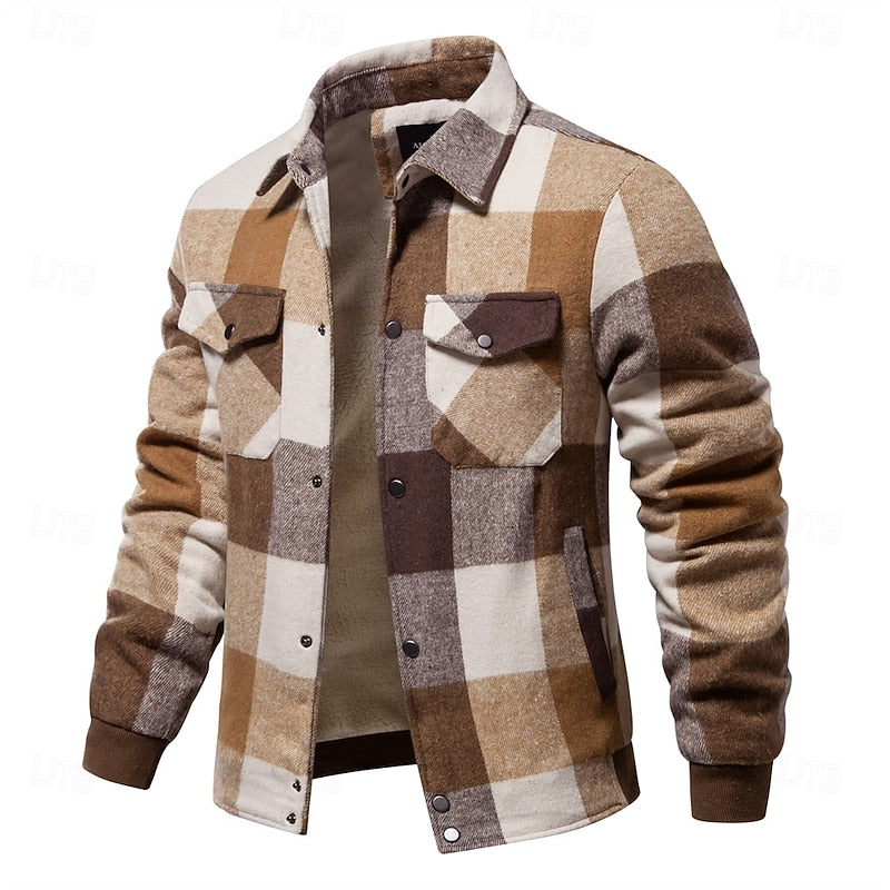Plaid Shirt Jacket Men's Wool Blend Fleece-Lined Button-Up Shacket – Casual, Autumn Winter Layering