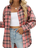 Plaid Shirt Pink Long Sleeve Button-Up Women's – Casual, Office, Holiday, Gift · Werune