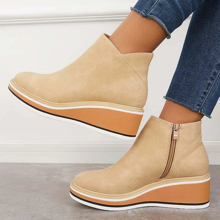 Platform Ankle Boots Navy Faux Leather Women's Side Zip Wedge – Casual, Office · Werune