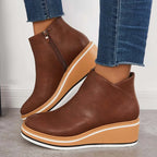 Platform Ankle Boots Navy Faux Leather Women's Side Zip Wedge – Casual, Office · Werune