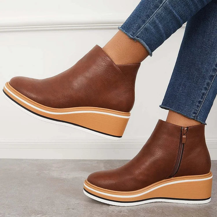 Platform Ankle Boots Navy Faux Leather Women's Side Zip Wedge – Casual, Office · Werune