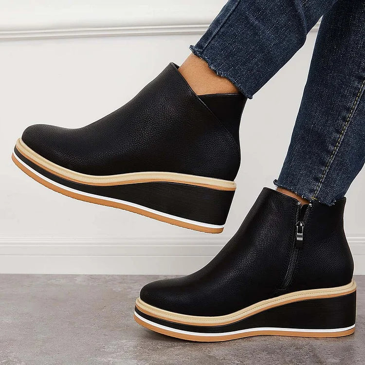 Platform Ankle Boots Navy Faux Leather Women's Side Zip Wedge – Casual, Office · Werune