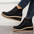 Platform Ankle Boots Navy Faux Leather Women's Side Zip Wedge – Casual, Office · Werune
