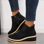 Platform Ankle Boots Navy Faux Leather Women's Side Zip Wedge – Casual, Office · Werune
