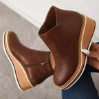 Platform Ankle Boots Navy Faux Leather Women's Side Zip Wedge – Casual, Office · Werune