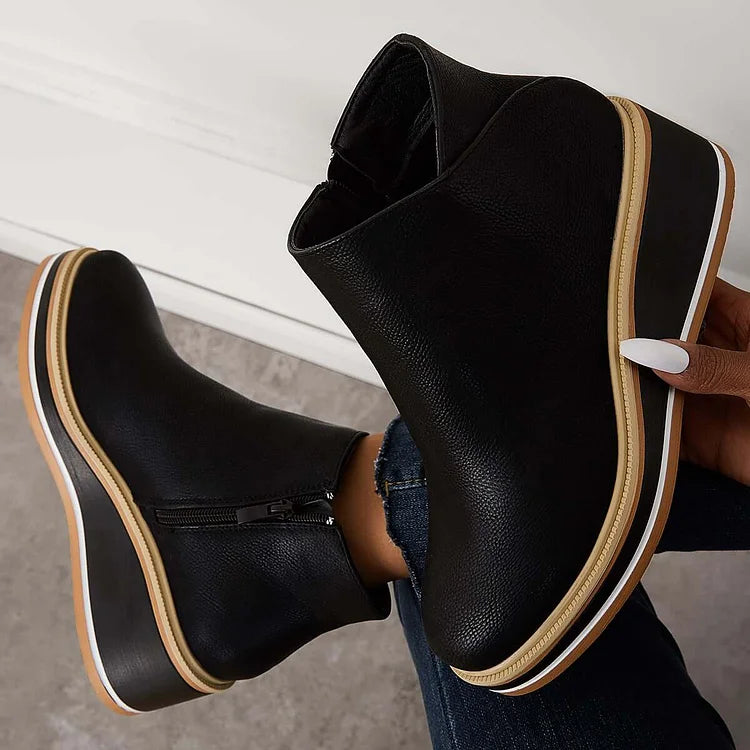 Platform Ankle Boots Navy Faux Leather Women's Side Zip Wedge – Casual, Office · Werune