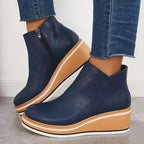 Platform Ankle Boots Navy Faux Leather Women's Side Zip Wedge – Casual, Office · Werune
