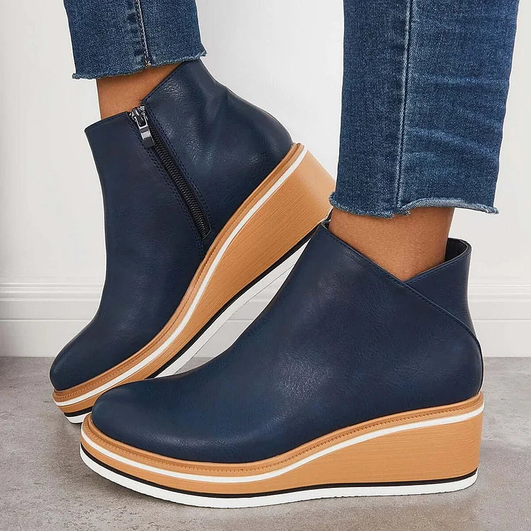 Platform Ankle Boots Navy Faux Leather Women's Side Zip Wedge – Casual, Office · Werune