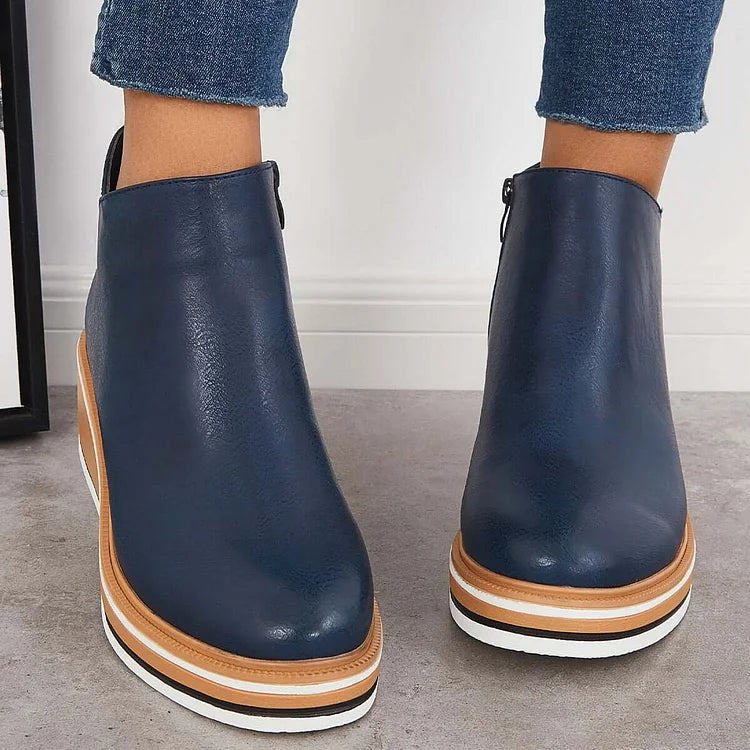 Platform Ankle Boots Navy Faux Leather Women's Side Zip Wedge – Casual, Office · Werune