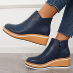 Platform Ankle Boots Navy Faux Leather Women's Side Zip Wedge – Casual, Office · Werune