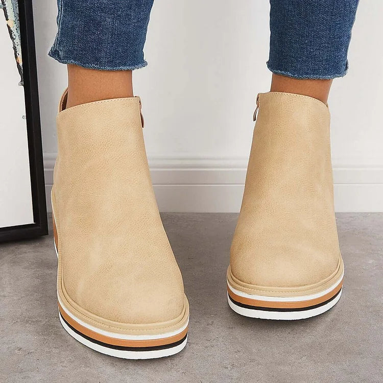Platform Ankle Boots Navy Faux Leather Women's Side Zip Wedge – Casual, Office · Werune