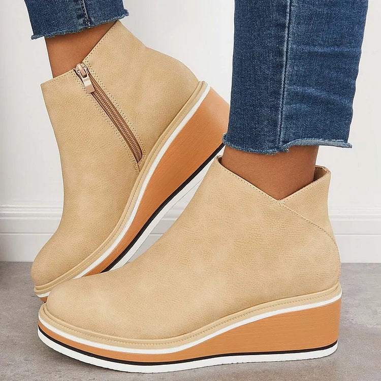 Platform Ankle Boots Navy Faux Leather Women's Side Zip Wedge – Casual, Office · Werune