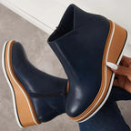 Platform Ankle Boots Navy Faux Leather Women's Side Zip Wedge – Casual, Office · Werune