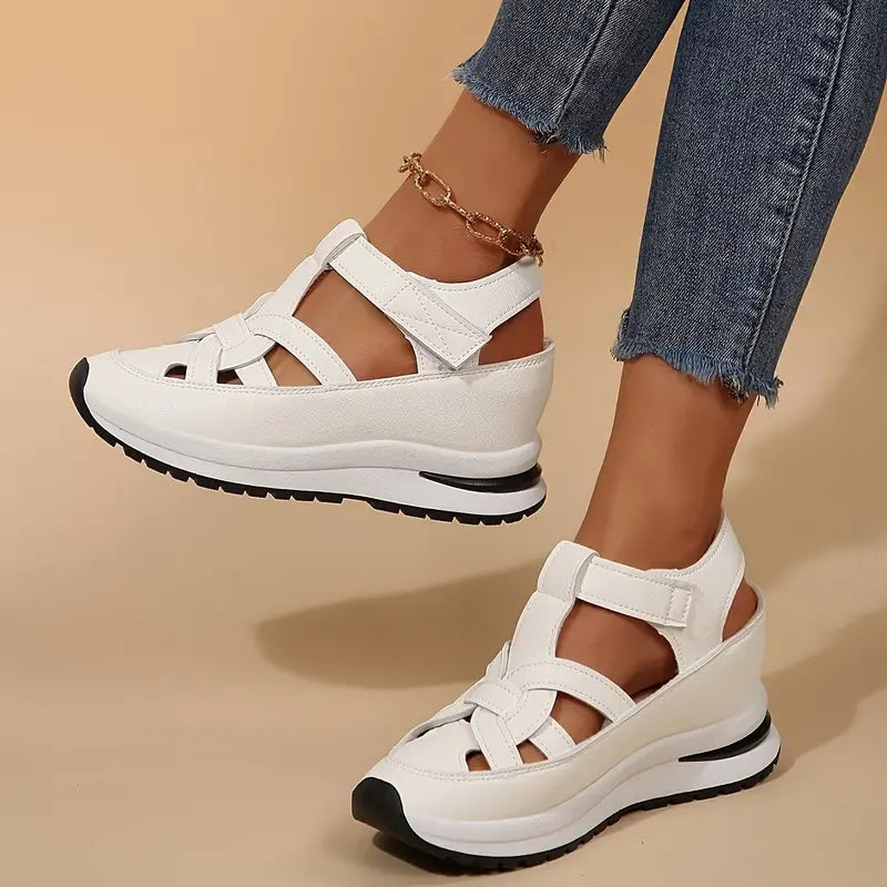 Platform Sandals Women's White Cut-Out Hook-Loop Closed-Toe – Summer, Walking · Werune