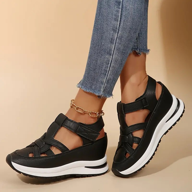 Platform Sandals Women's White Cut-Out Hook-Loop Closed-Toe – Summer, Walking · Werune
