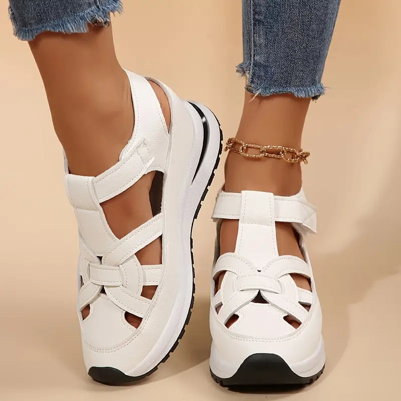 Platform Sandals Women's White Cut-Out Hook-Loop Closed-Toe – Summer, Walking · Werune