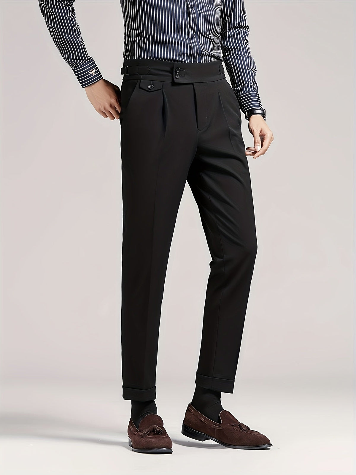 Pleated Dress Trousers Black Men's High Waist Tailored Fit – Office, Formal, Wedding, Casual Wear