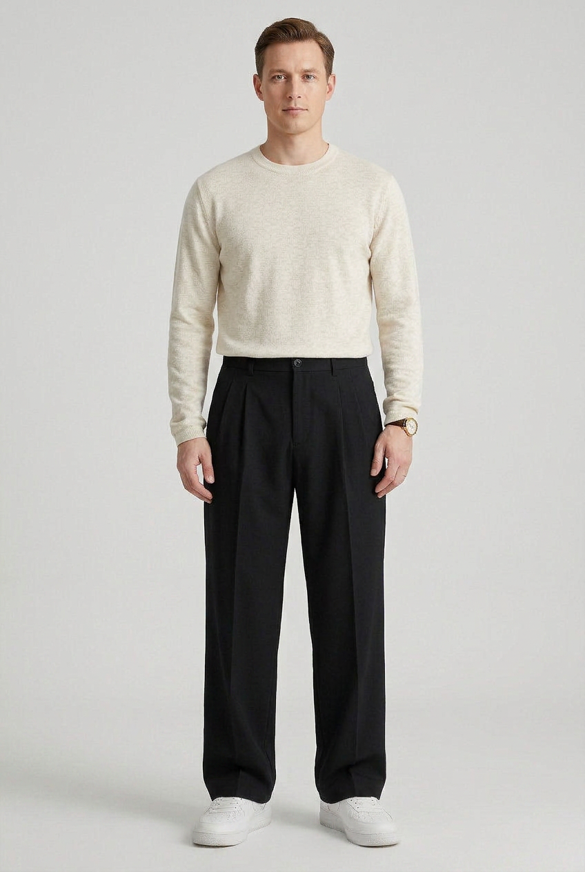 Pleated Trousers Black Straight Leg Men's High Waist – Office, Casual, Smart, Gift